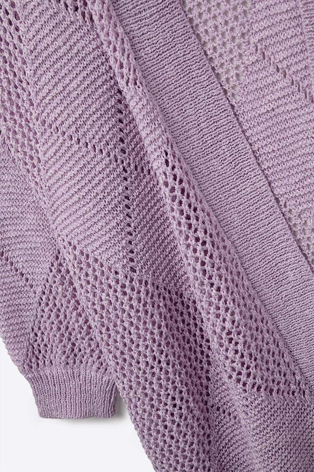 Cardigan drapé lavande avec motif au crochet