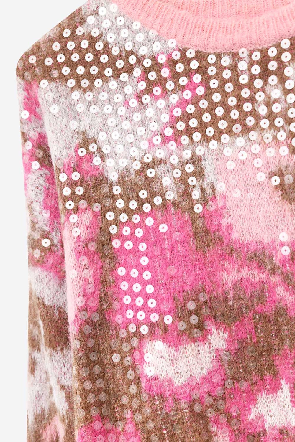 Pull rose à imprimé animalier avec paillettes