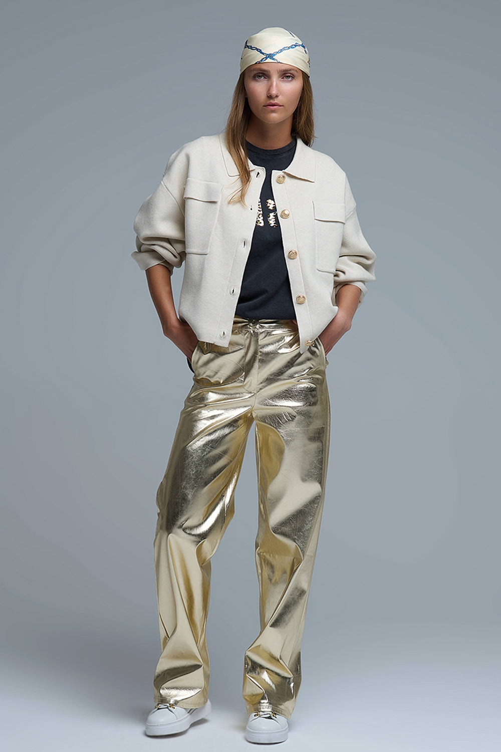 Cardigan formel décontracté en tricot avec poches poitrine en beige