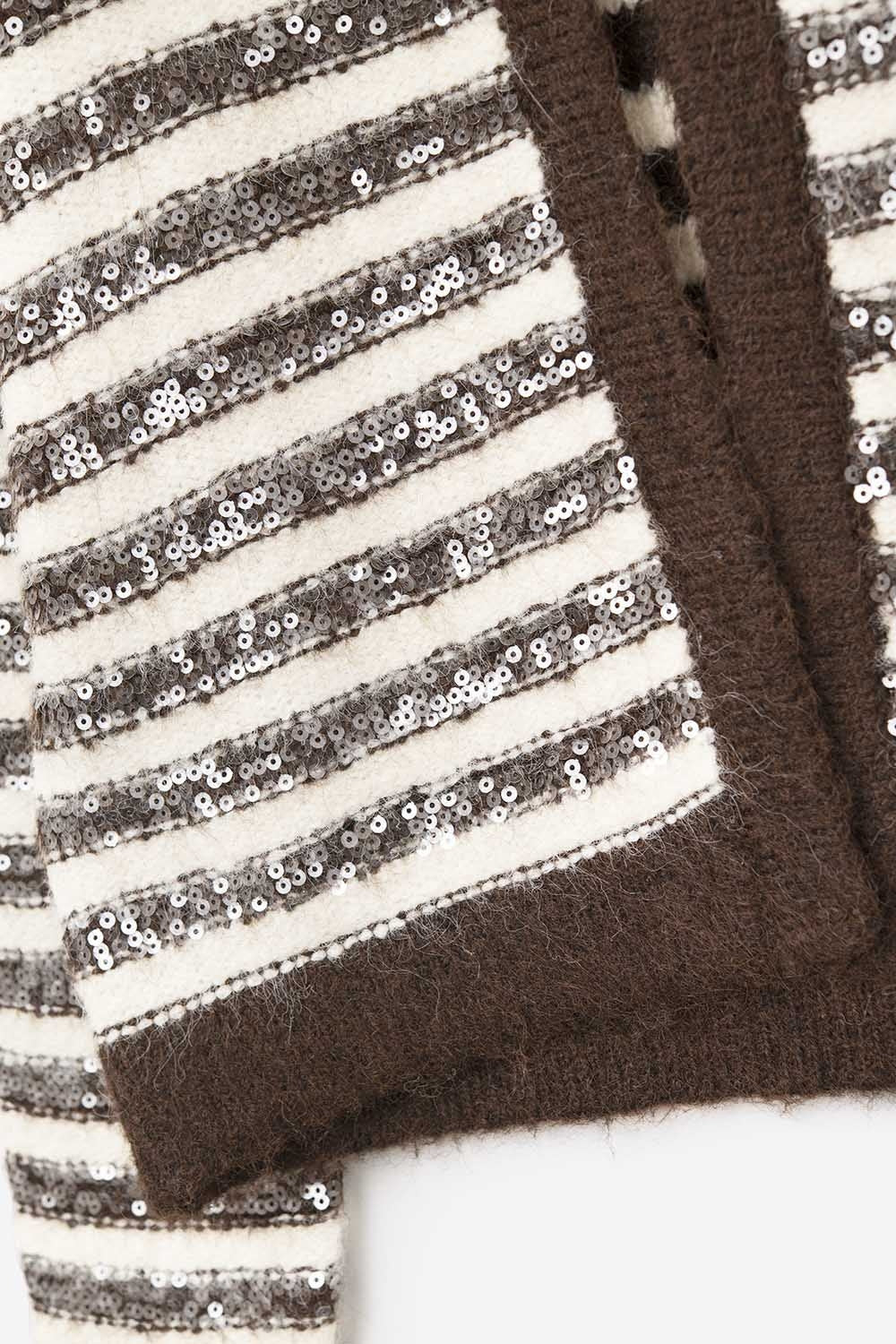 Cardigan à rayures avec paillettes en brun et crème