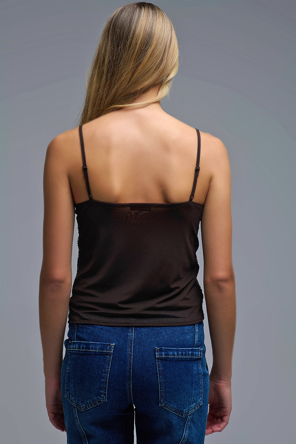 Top Cami brodé à paillettes vintage marron