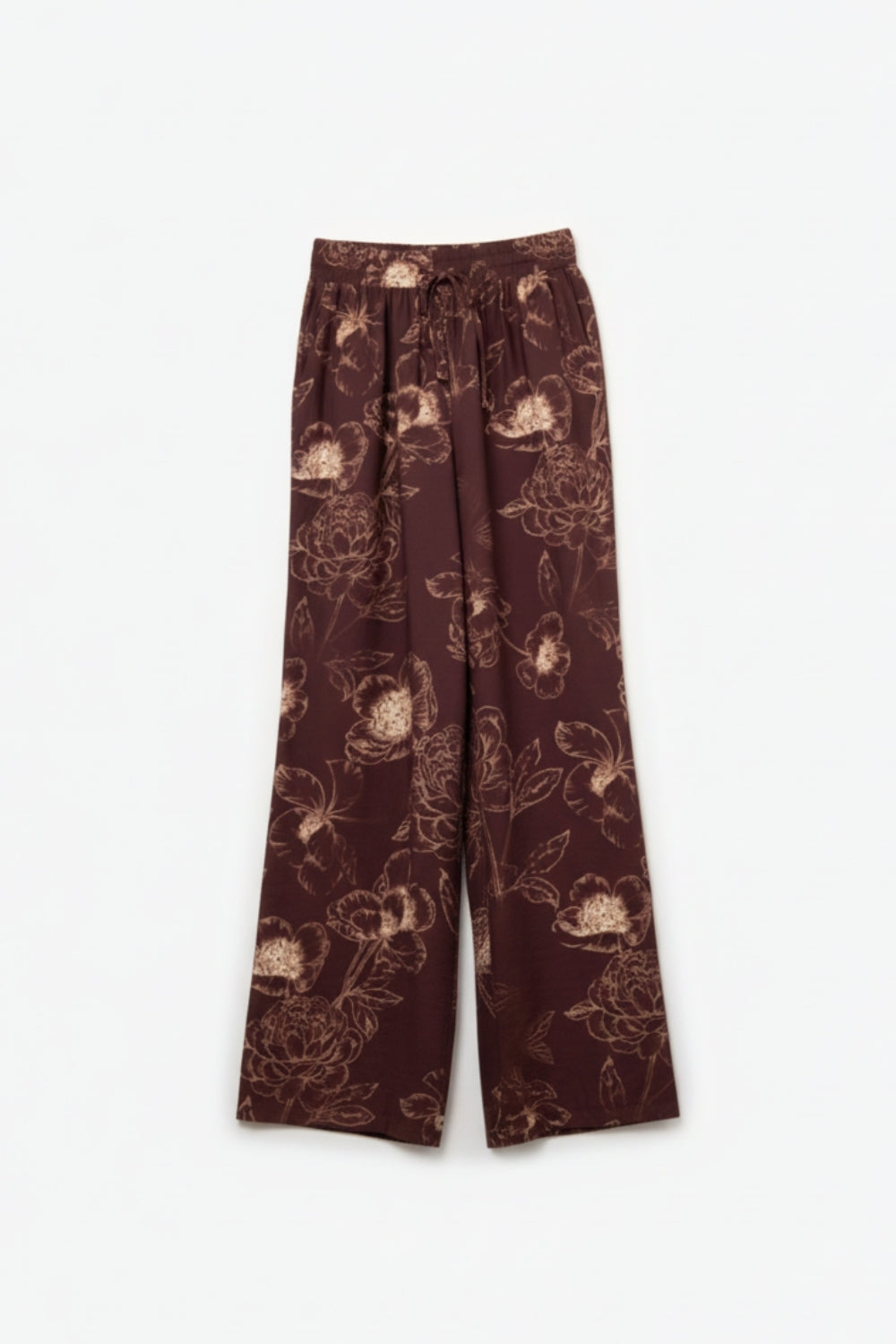 Pantalon fluide et léger bordeaux à imprimé floral automnal