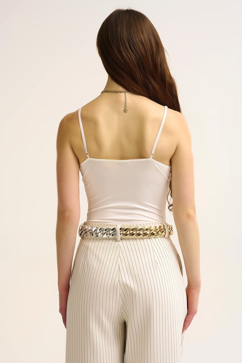 Body à col en V en tissu élastique avec anneaux en or blanc