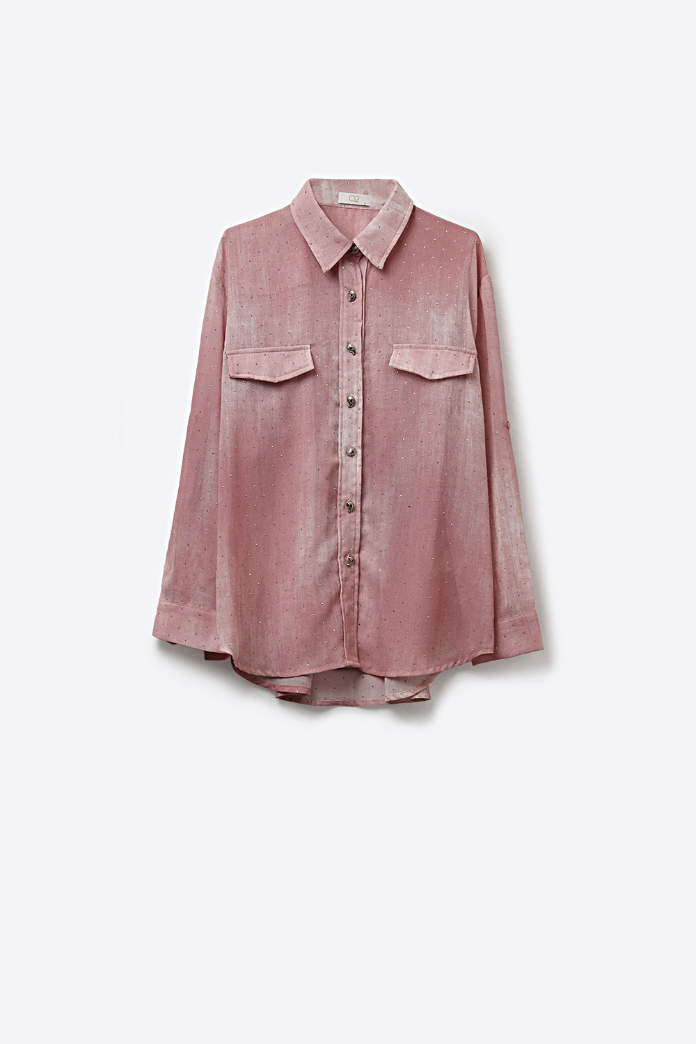 Chemise en chiffon rose avec détails en strass et poches poitrine