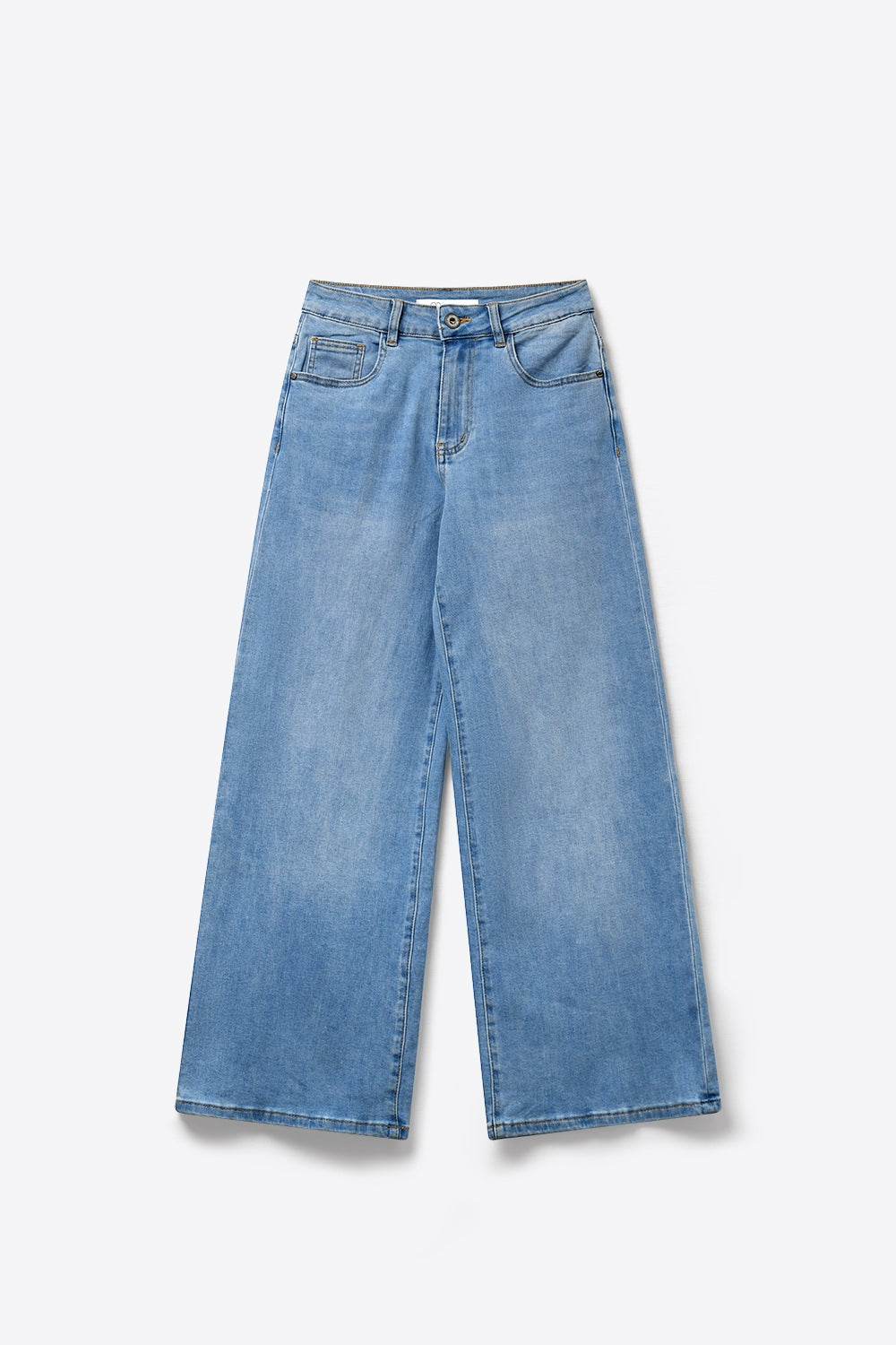Jean en denim bleu clair à jambes larges avec poches arrière en strass rose