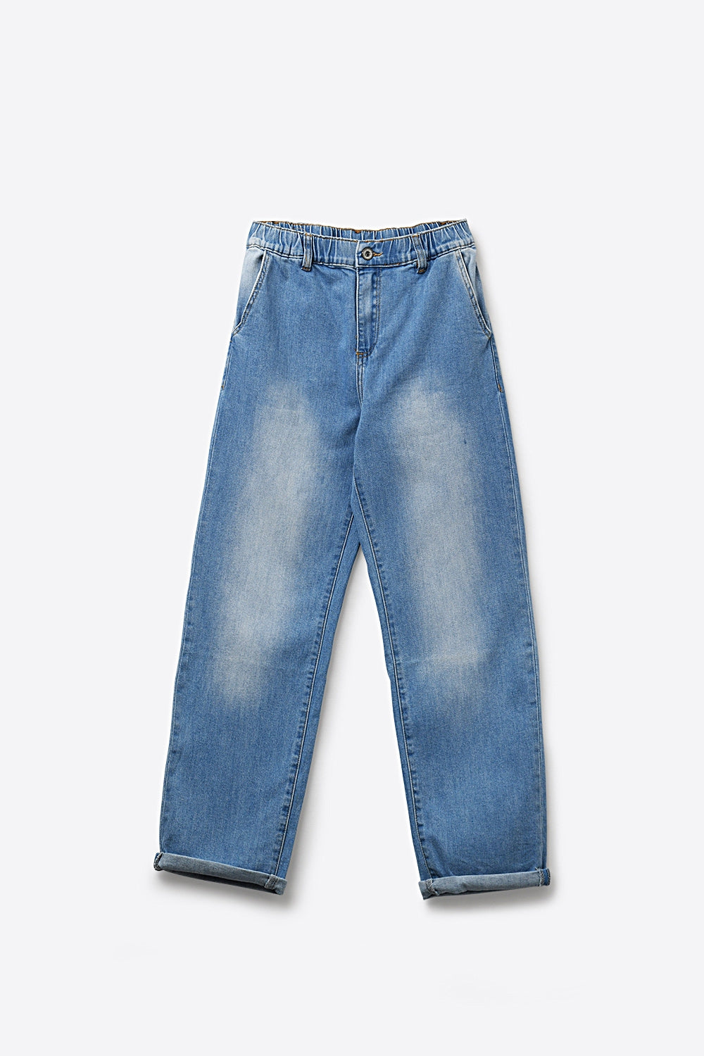 Jean en denim à taille élastique coupe décontractée et délavage clair
