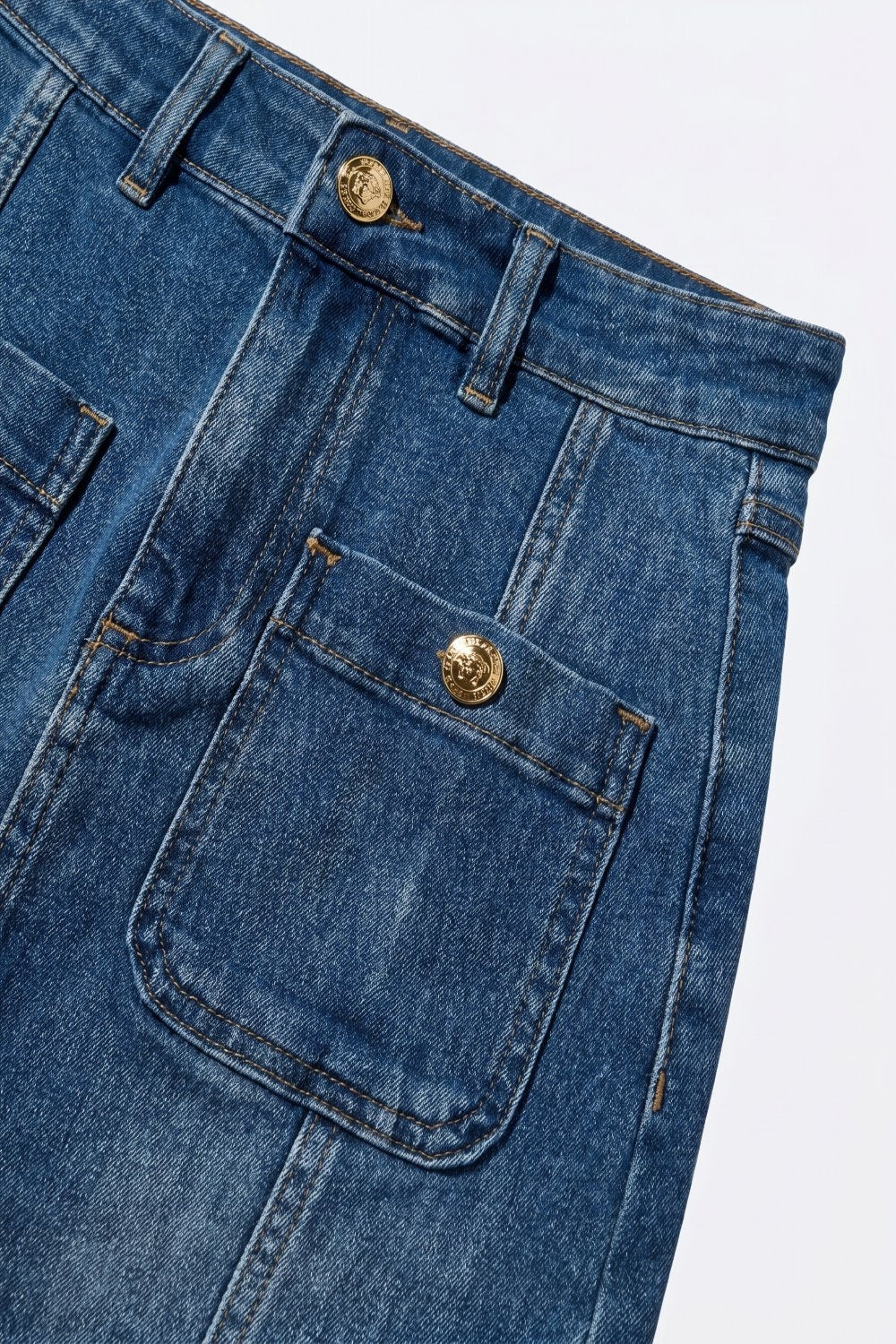 Jupe Midi en Denim Lavage Moyen avec Poches Plaquées à l'Avant