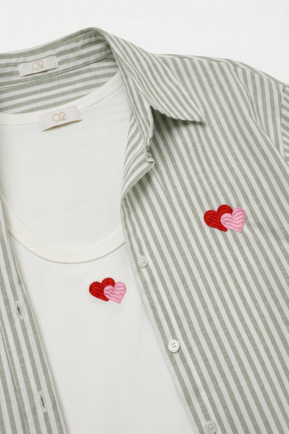 Ensemble de t-shirt et chemise en coton vert rayé avec cœur brodé 2 pièces