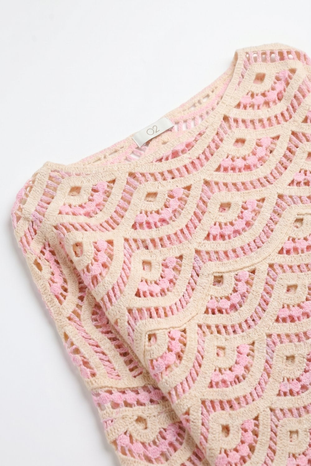 Top en Crochet Beige Rose à Motif Géométrique et Manches Larges
