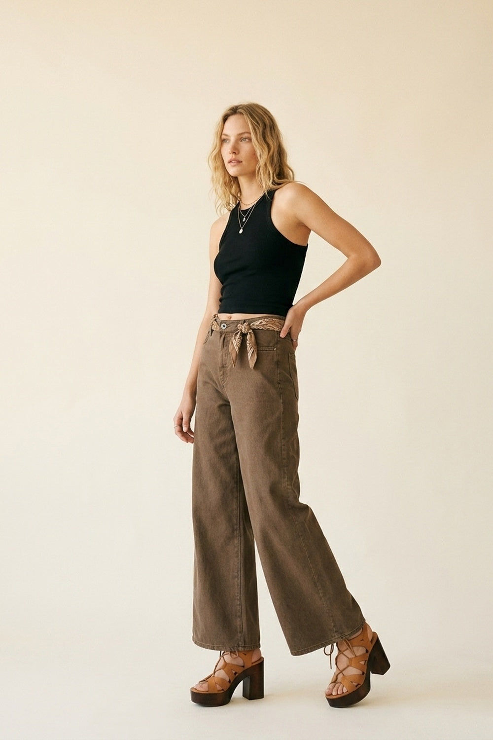 Pantalon en denim marron large en coton décontracté