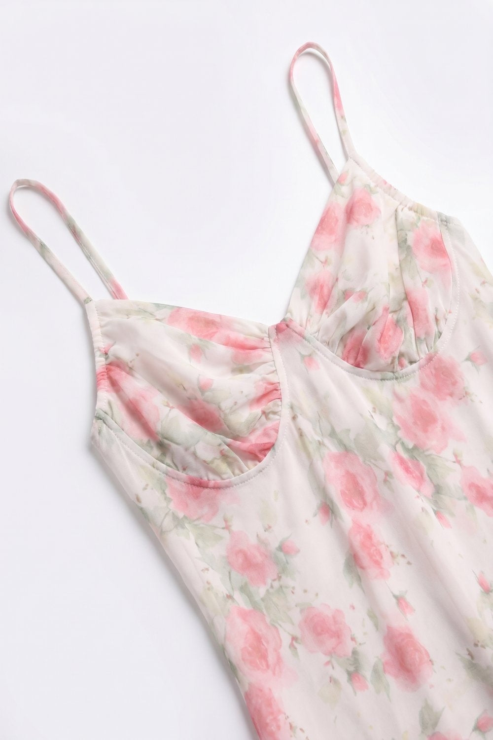 Robe longue à imprimé floral crème avec bustier froncé en tissu mesh