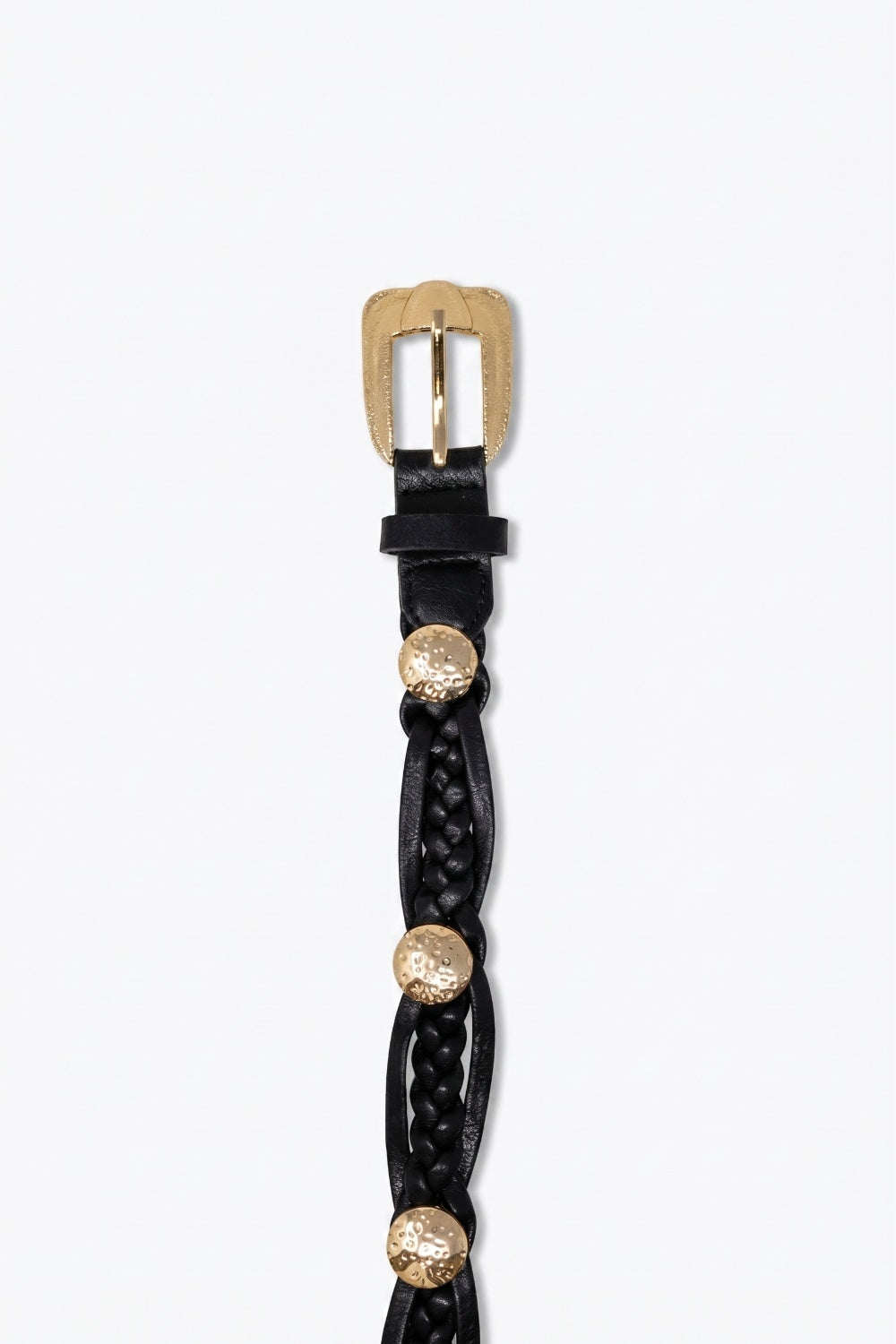 Ceinture noire en simili cuir tressé avec boucle dorée et détails de clous