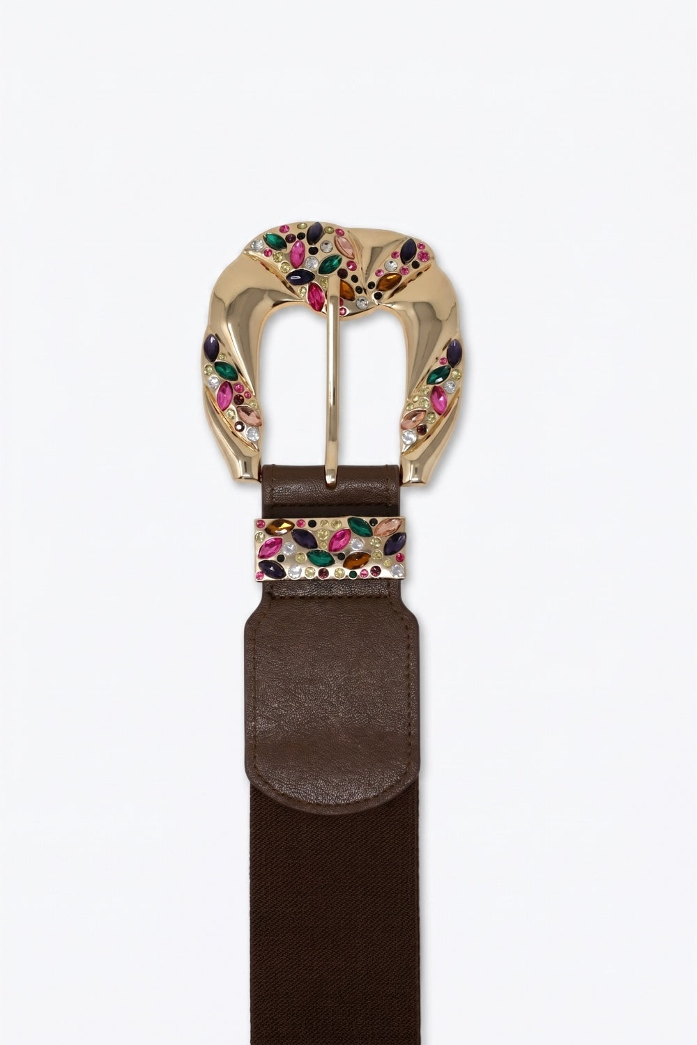 Ceinture large en simili cuir marron choco à boucle florale dorée