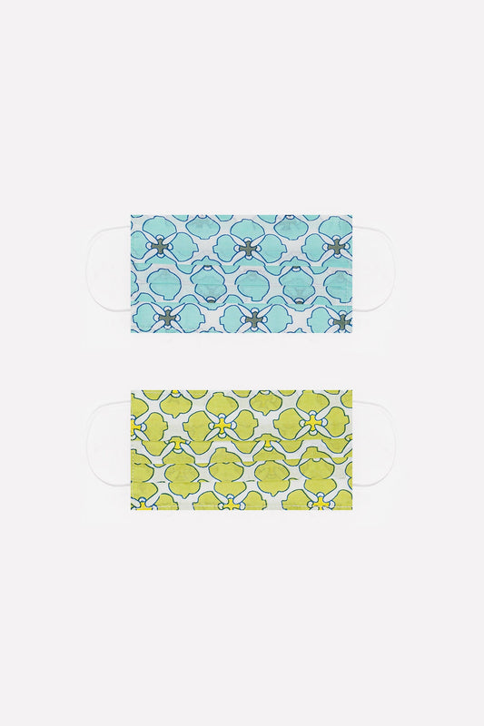 Q2 2 PACK Masque coton organique imprimé fleurs en vert et turquoise