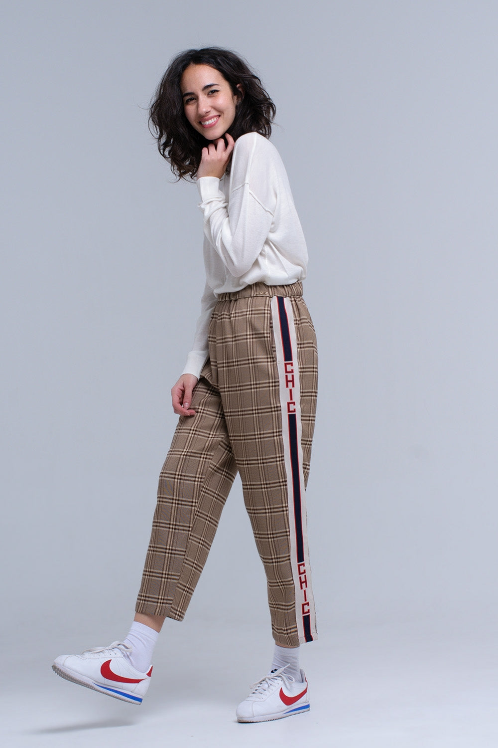 Pantalon à motif tartan marron