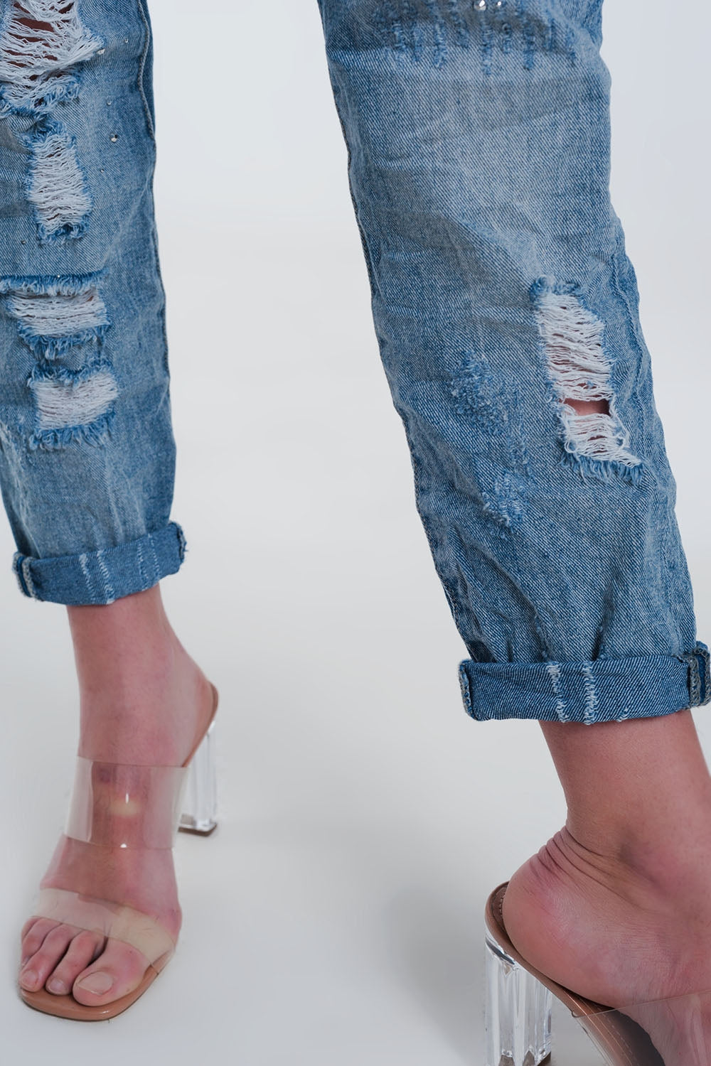 Jean droit ultra taille haute à déchirures Bleu clair