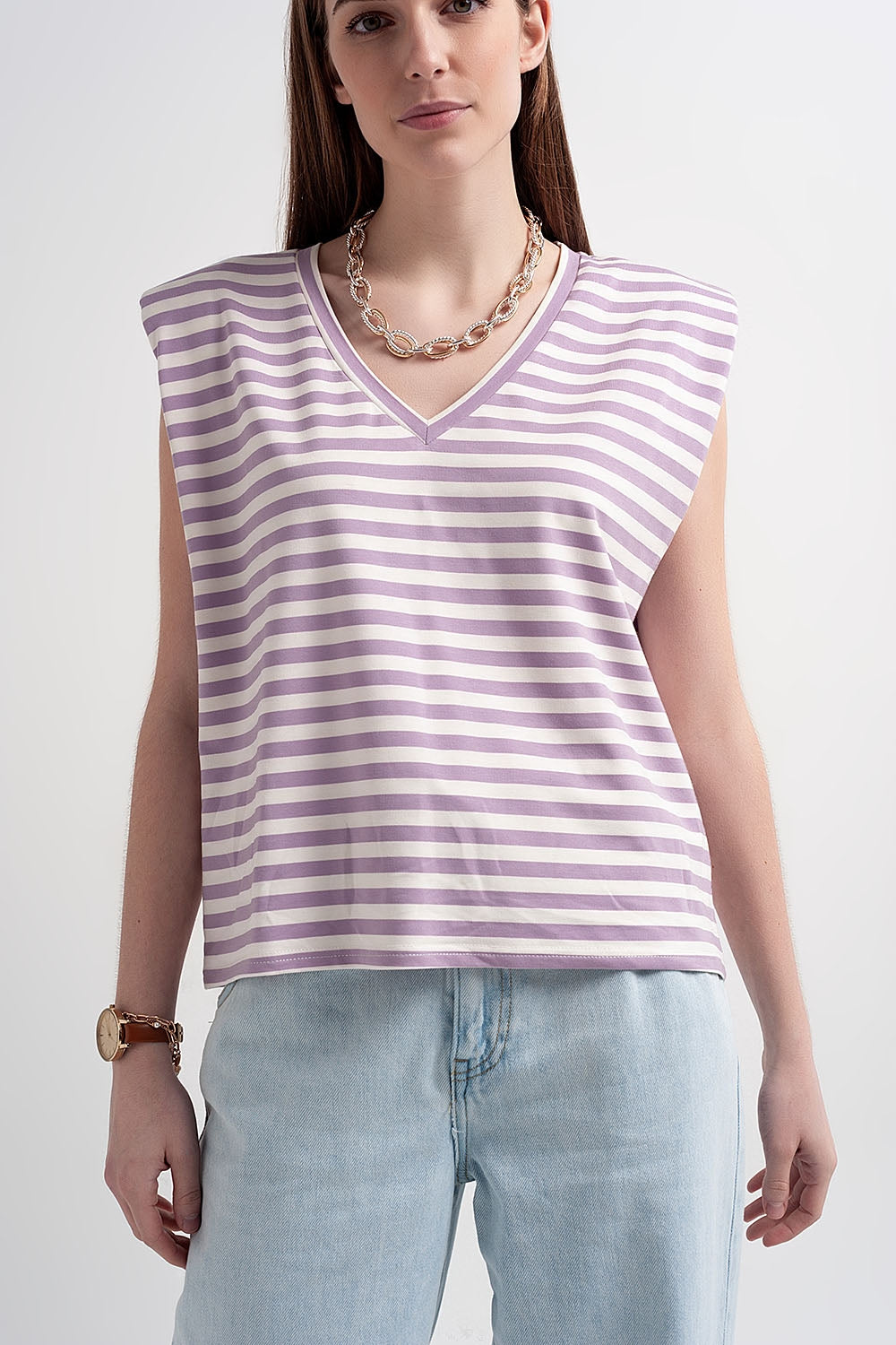 T-shirt sans manches à rayures avec épaulettes violette