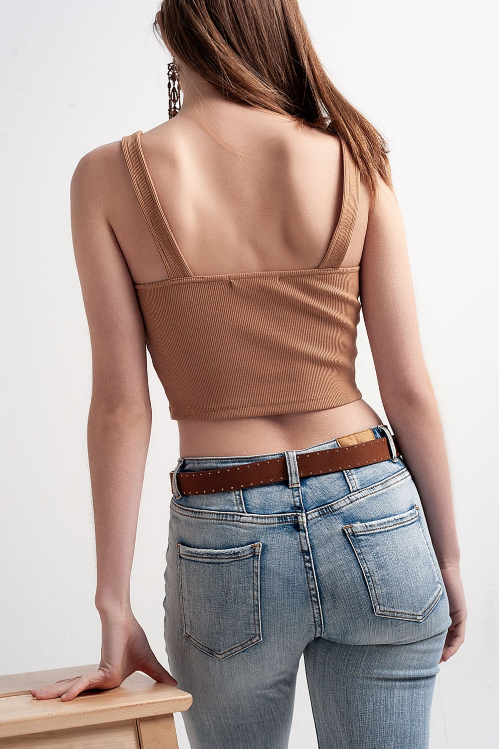 Top côtelé à encolure carrée beige