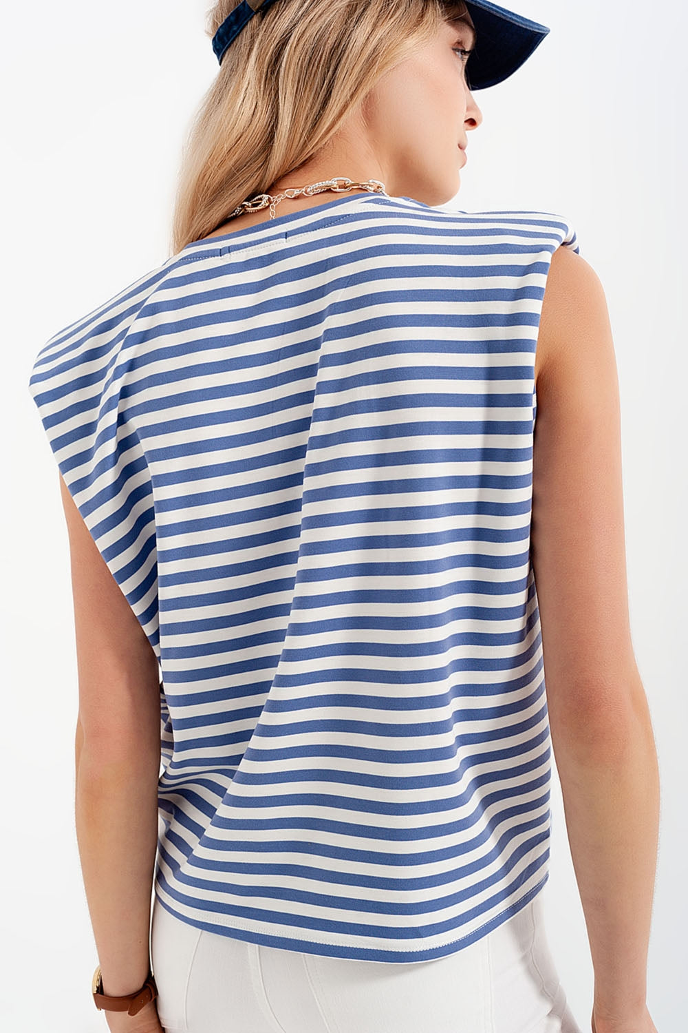 T-shirt sans manches à rayures avec épaulettes bleu