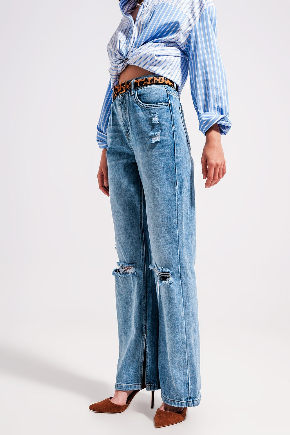 Jean taille haute à ourlet fendu Délavage vintage