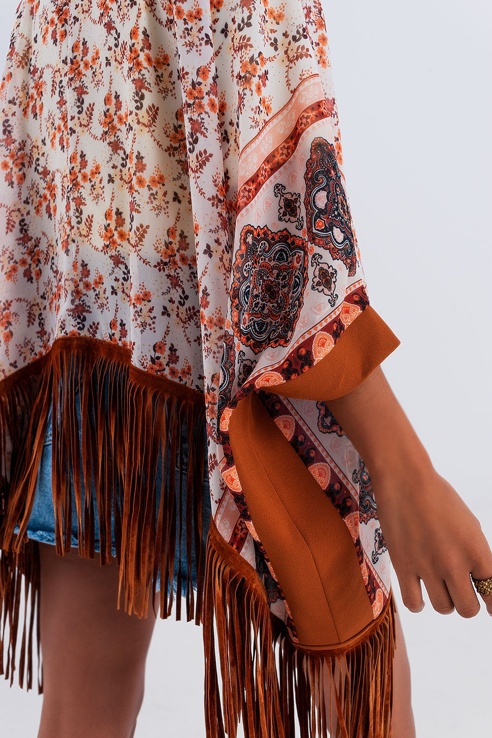 Kimono à imprimé avec ourlet à franges marron