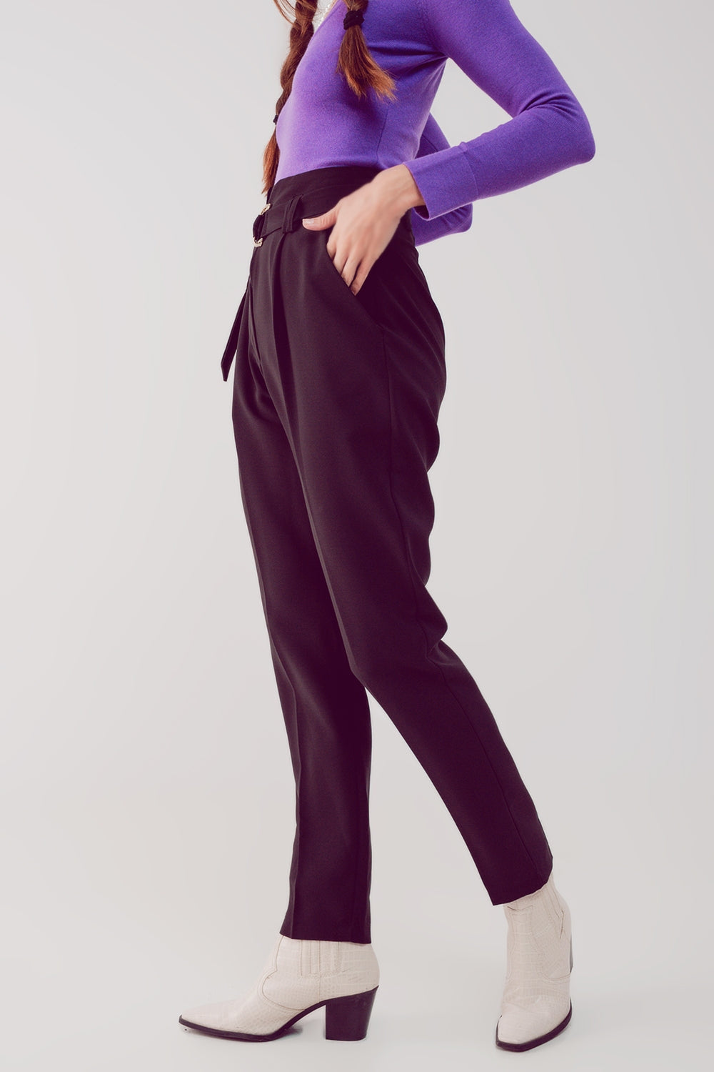 Pantalon cigarette avec taille haute froncée noir