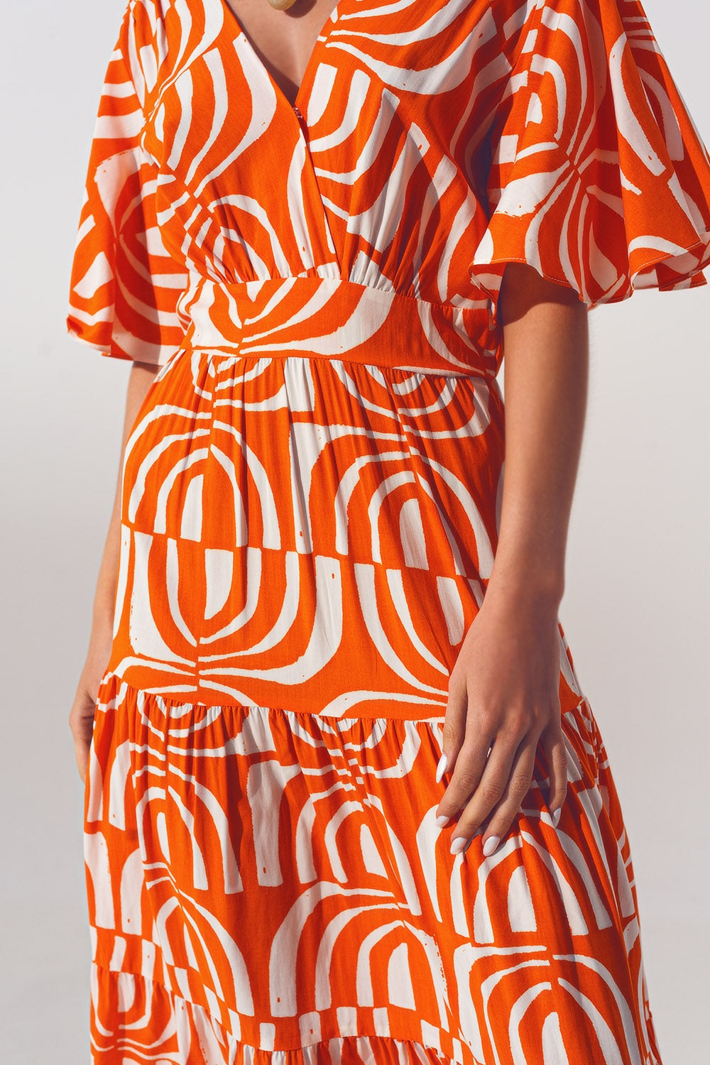 Robe Midi à col en V et Imprimé en Orange