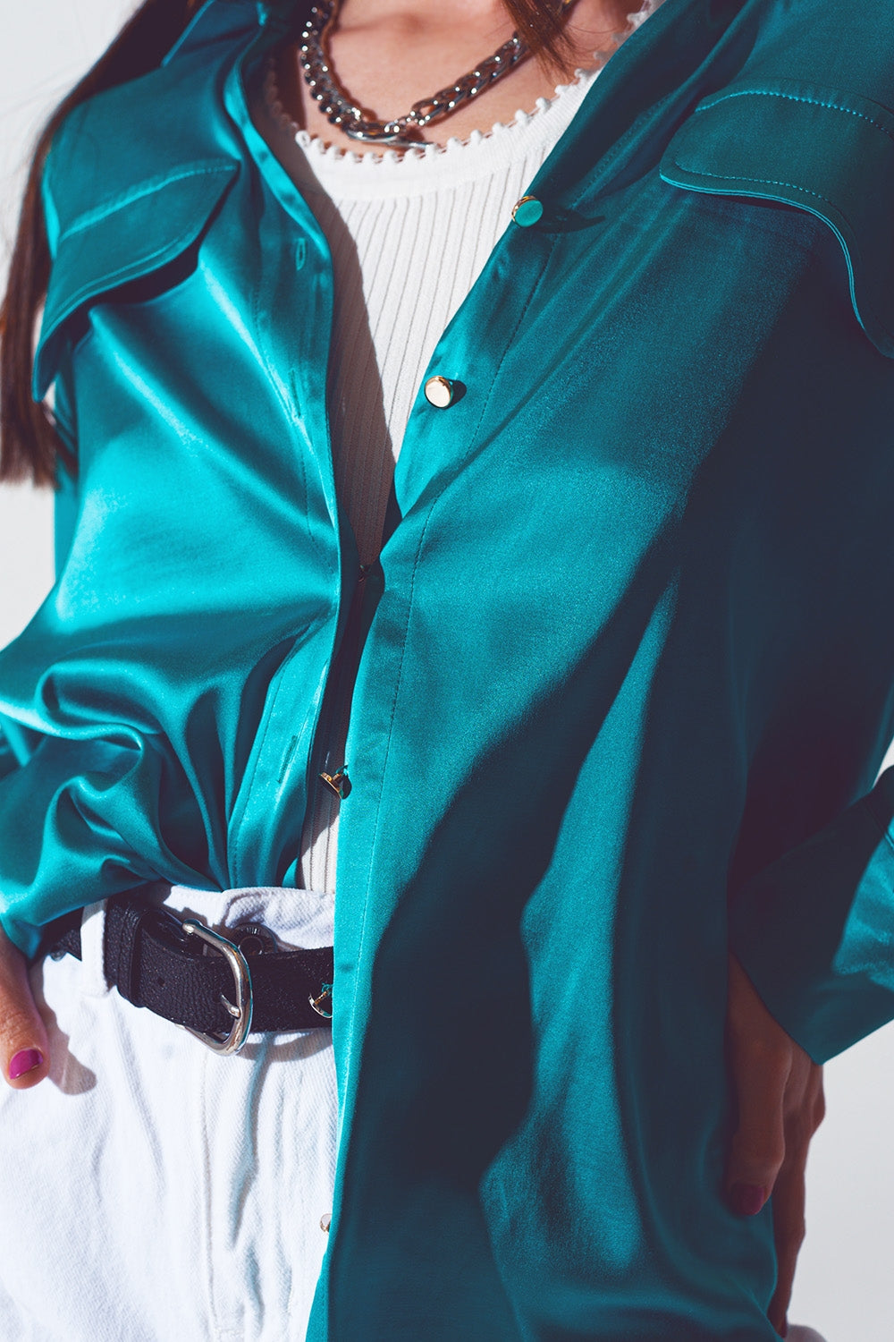 chemisier en satin turquoise
