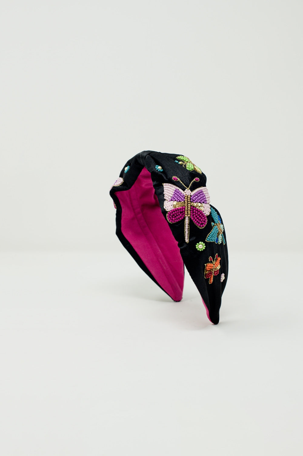 Bandeau noir avec papillons et fleurs brodées