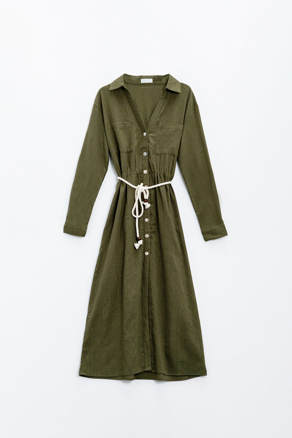 Robe chemise Khaki à manches longues avec fermeture à boutons