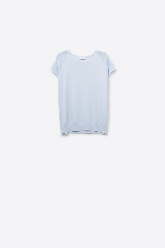 Q2 Baby Blue Pull à manches courtes avec maille tricotée sur l'épaule