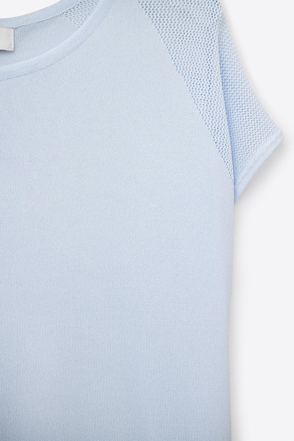 Baby Blue Pull à manches courtes avec maille tricotée sur l'épaule