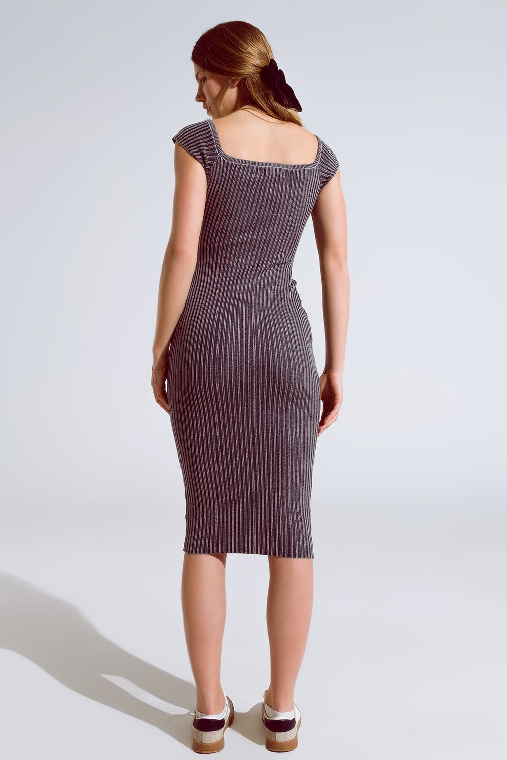Black Midi Rib Thick Bodycon Dress With Cap Sleeves