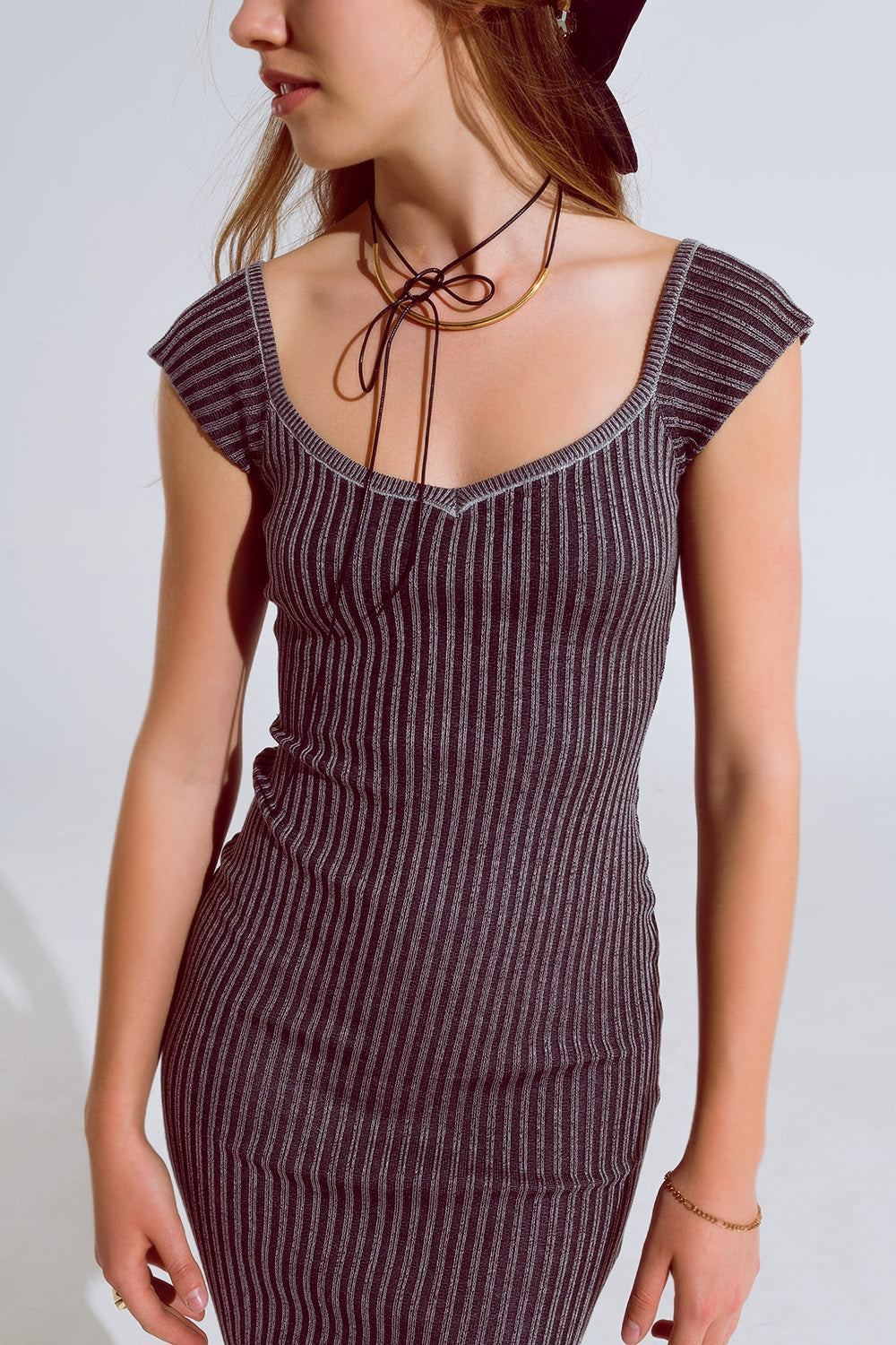Black Midi Rib Thick Bodycon Dress With Cap Sleeves
