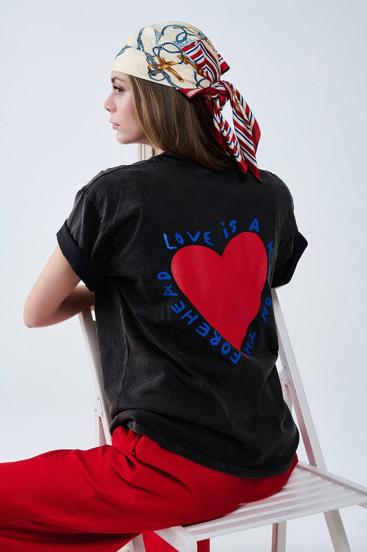 Black T-shirt featuring a heart design on both the front and back
