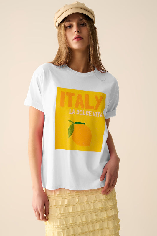 Q2 Blanc Italie Dolce Vita T-shirt avec imprimé graphique citron