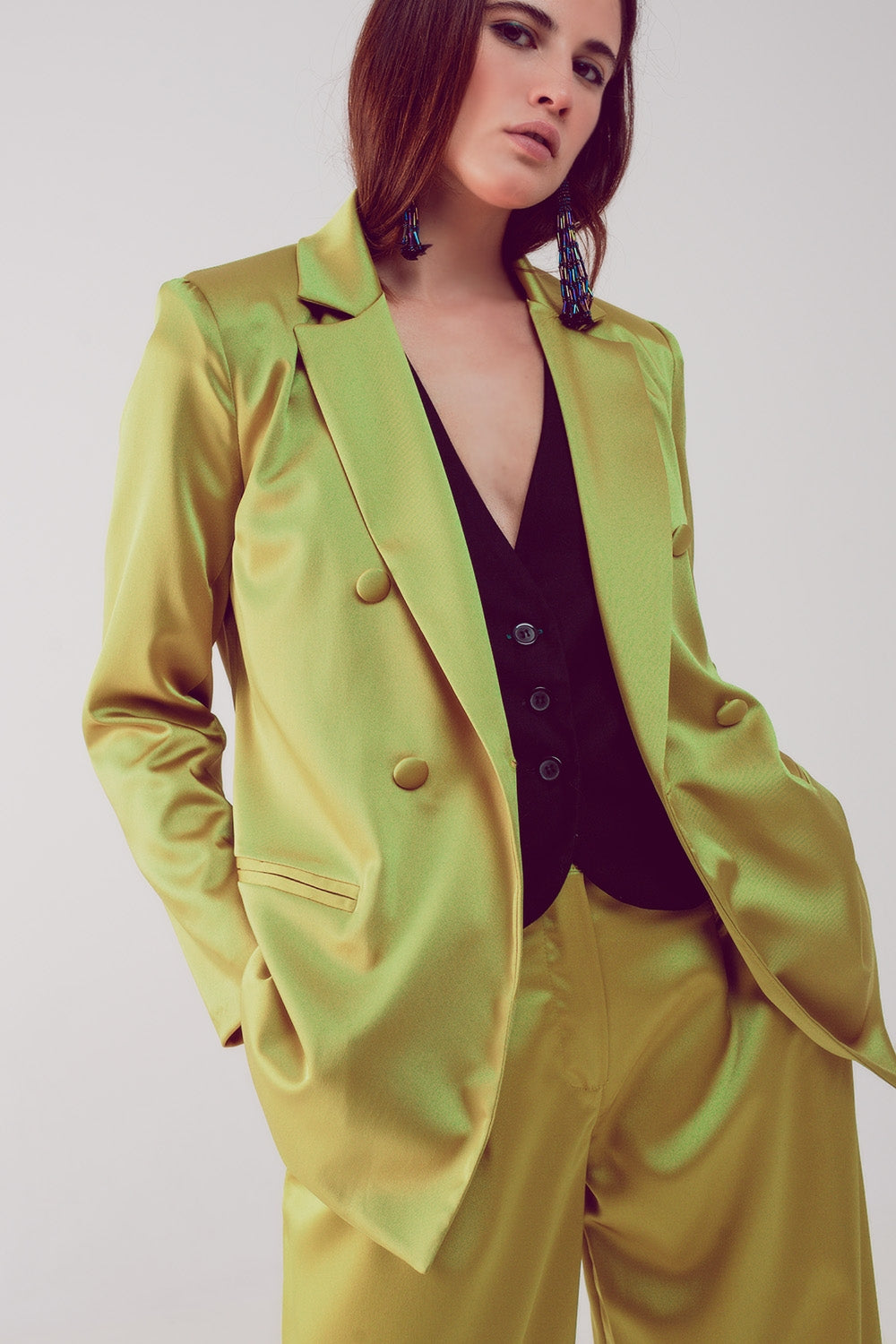 Q2 Blazer à double boutonnage en tissu satiné citron vert
