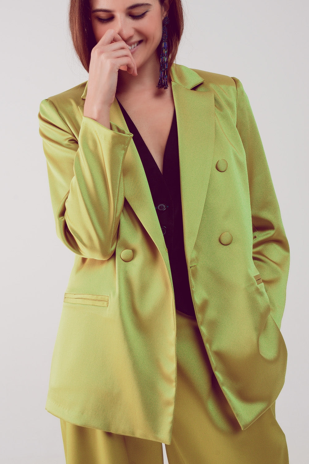 Blazer à double boutonnage en tissu satiné citron vert