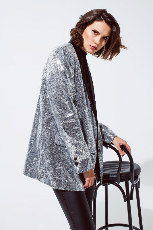Q2 Blazer de smoking à paillettes argentées et revers noirs en satin