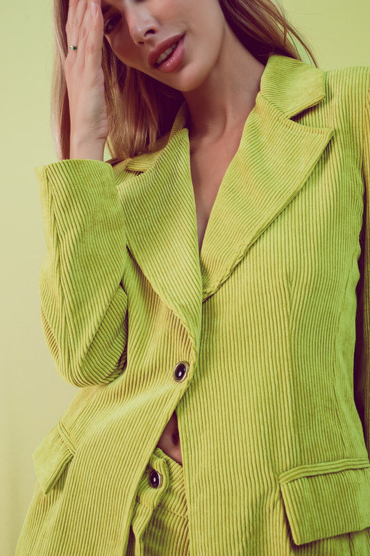 Q2 Blazer décontracté avec boutons style vintage en velours côtelé citron