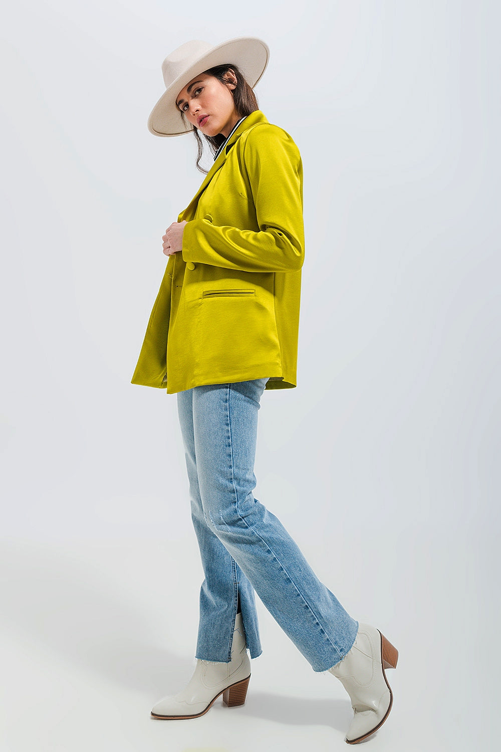 Blazer en satin à double boutonnage vert Citron