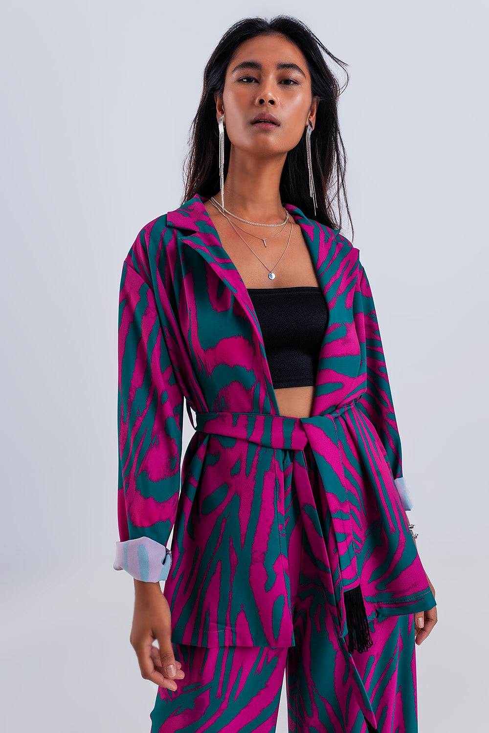 Q2 Blazer imprimé animal avec ceinture Vert