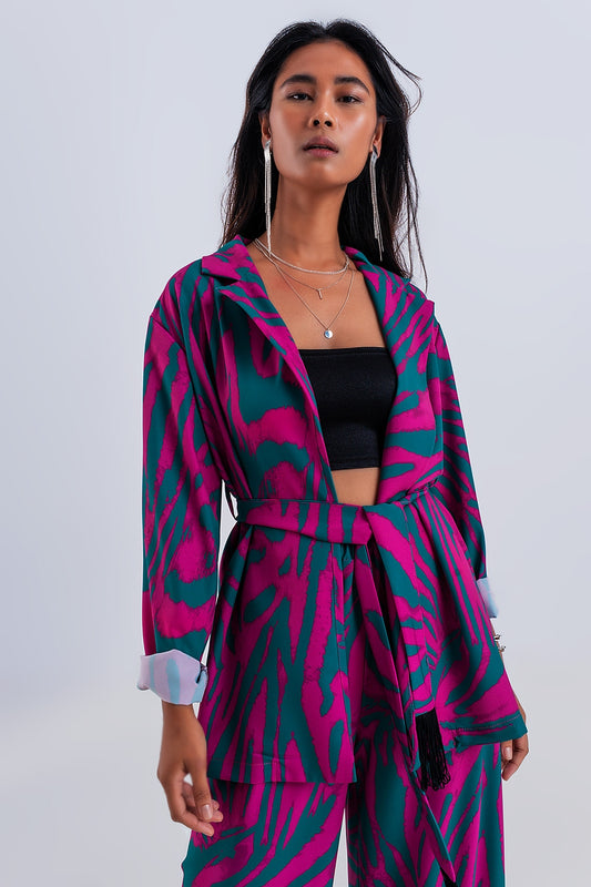 Q2 Blazer imprimé animal avec ceinture Vert