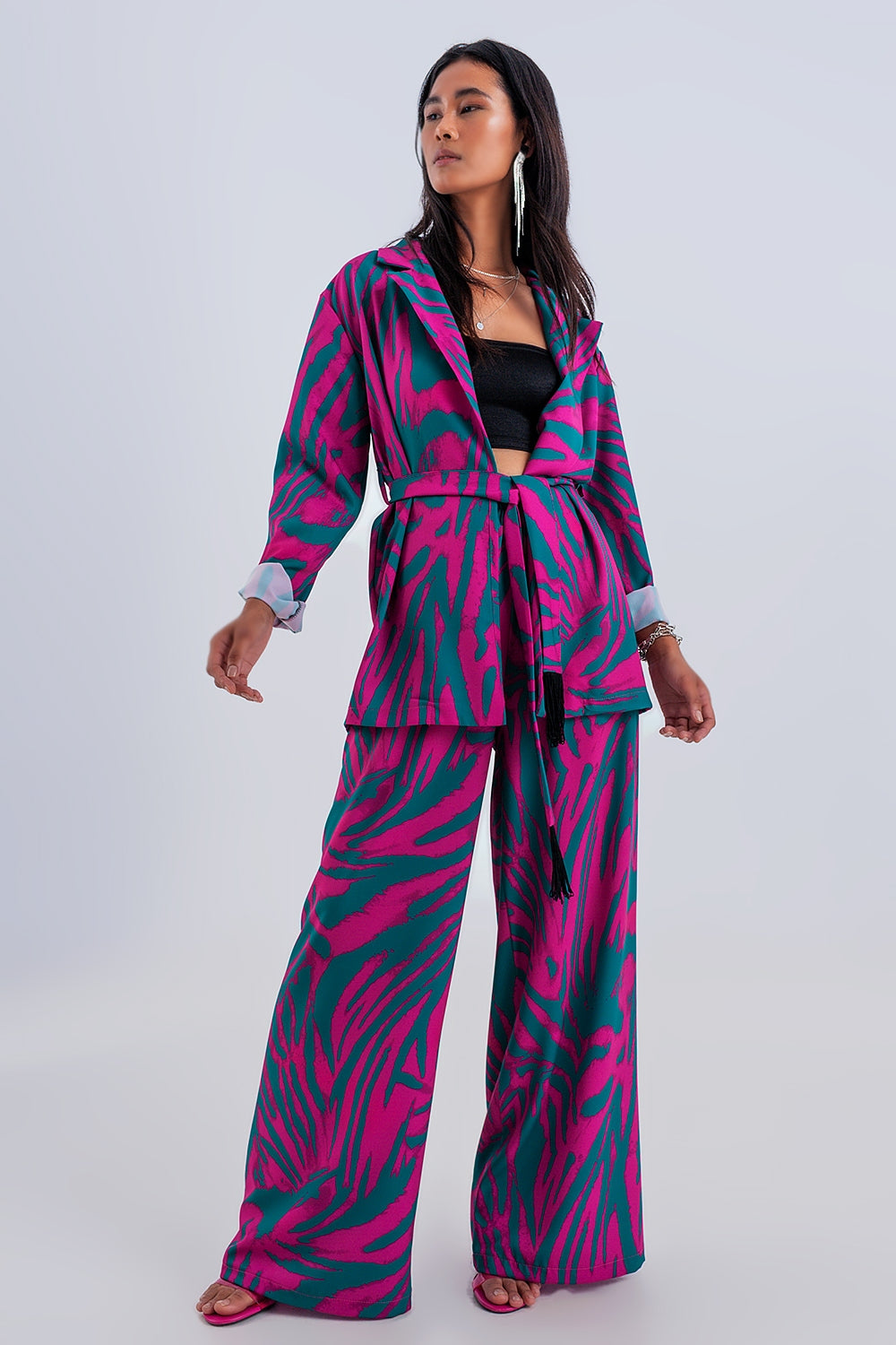 Blazer imprimé animal avec ceinture Vert