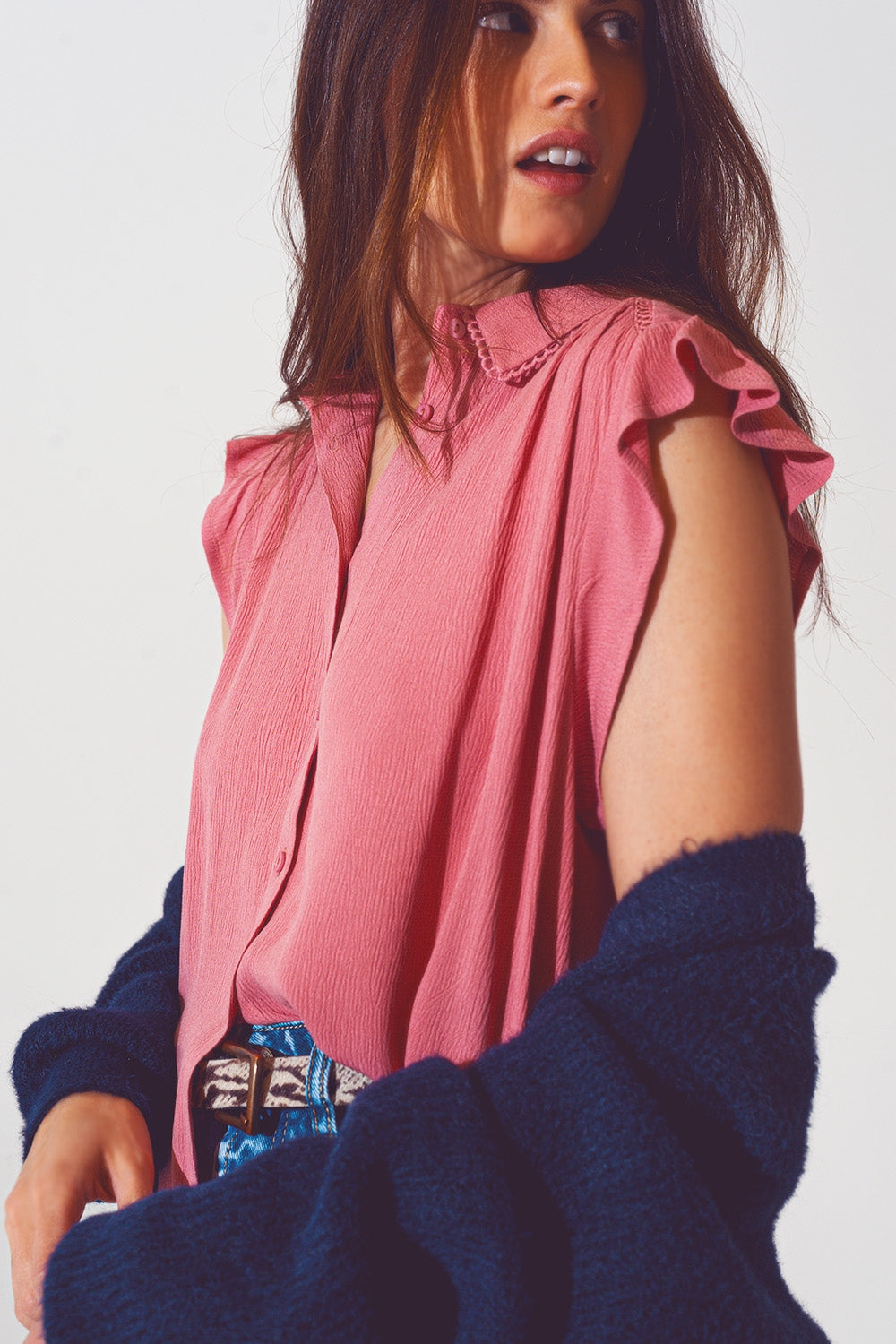 Blouse à manches courtes à volants en rose