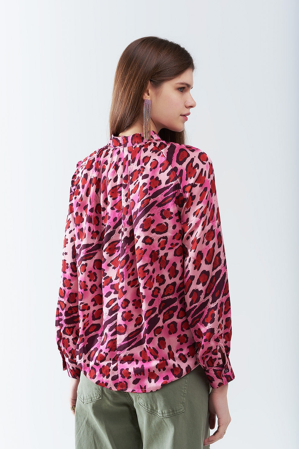Blouse à Manches Longues Imprimé Léopard Fuchsia Tendance