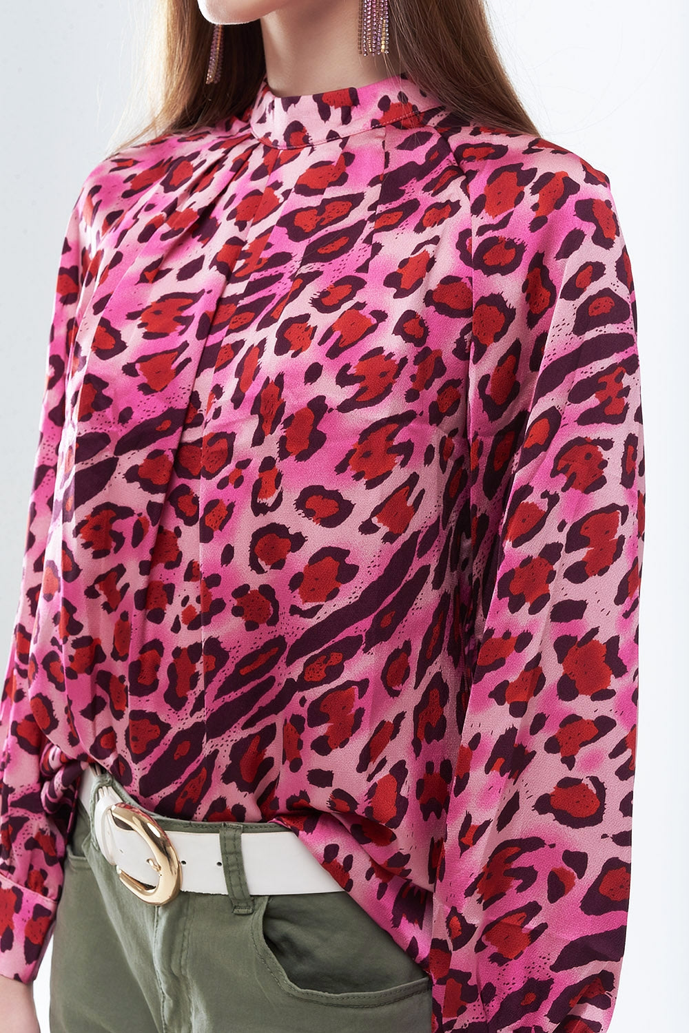 Blouse à Manches Longues Imprimé Léopard Fuchsia Tendance