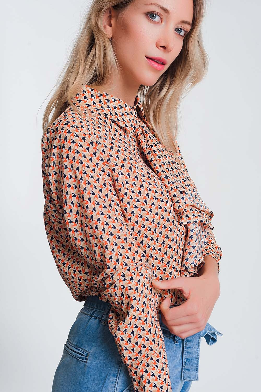 Blouse à manches longues volants Beige