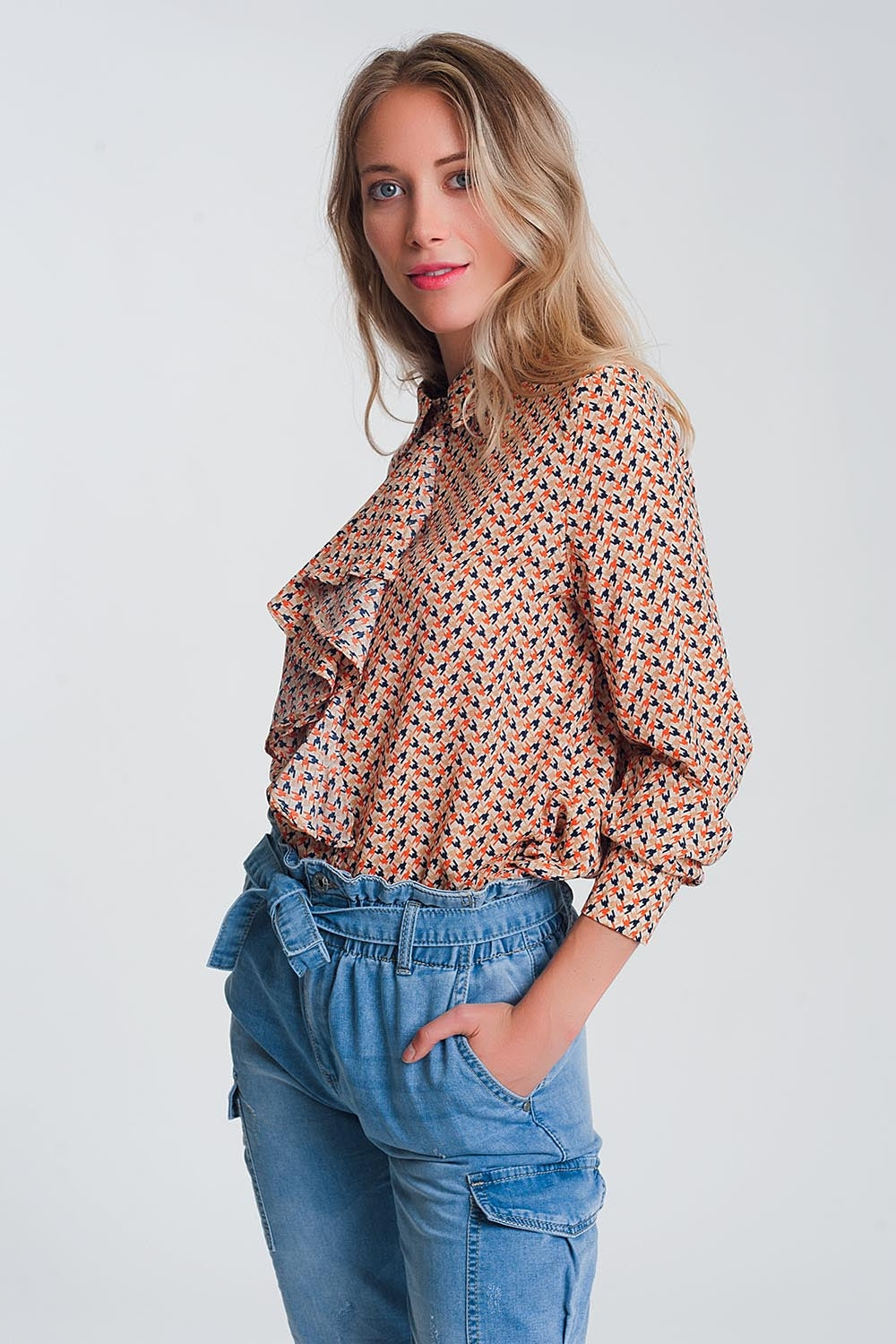 Blouse à manches longues volants Beige