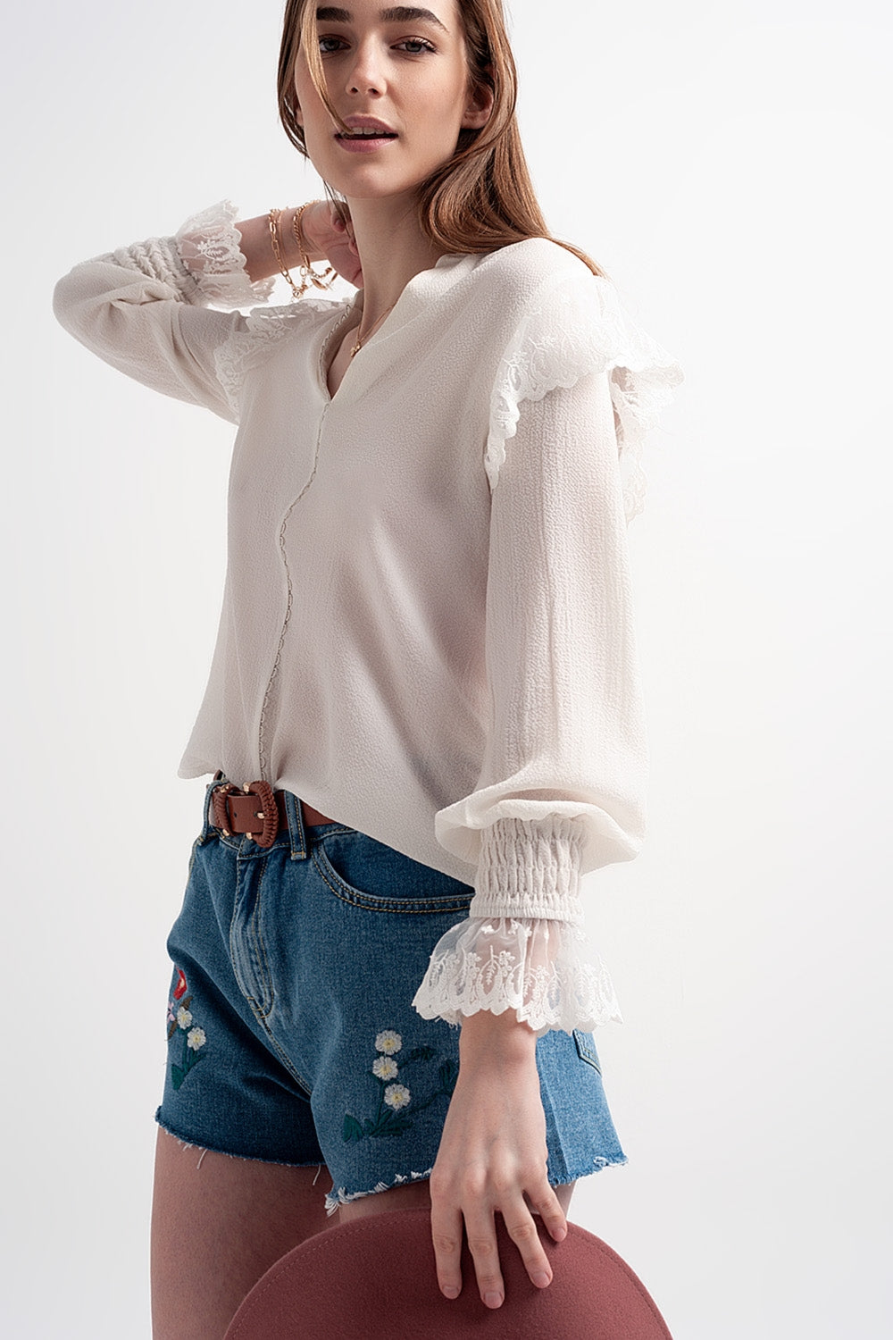 Blouse à manches volumineuses avec poignets resserrés Nacre